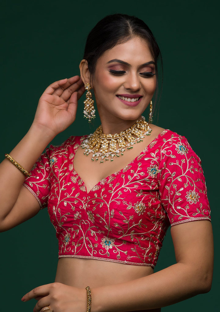 Parrot Green Zariwork Raw Silk Lehenga-koskii