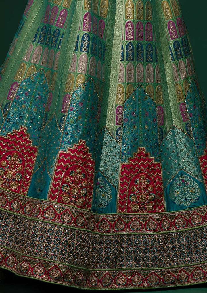Parrot Green Zariwork Raw Silk Lehenga-koskii