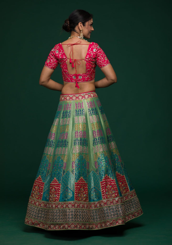 Parrot Green Zariwork Raw Silk Lehenga-koskii
