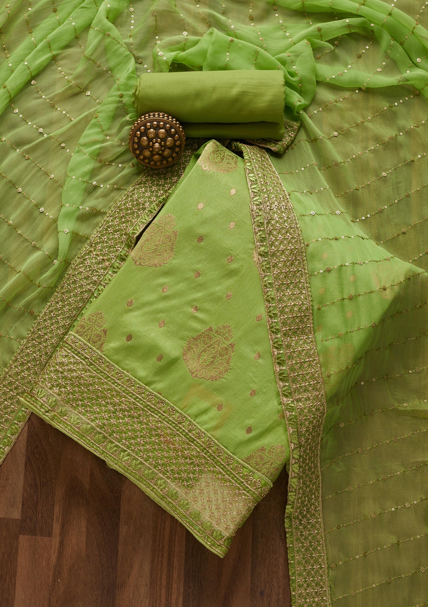 Parrot Green Zariwork Semi Crepe Unstitched Salwar Suit- Koskii