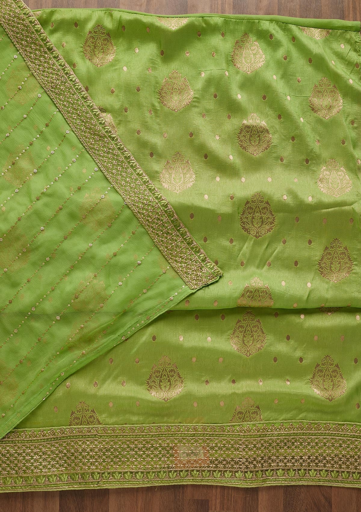 Parrot Green Zariwork Semi Crepe Unstitched Salwar Suit - Koskii