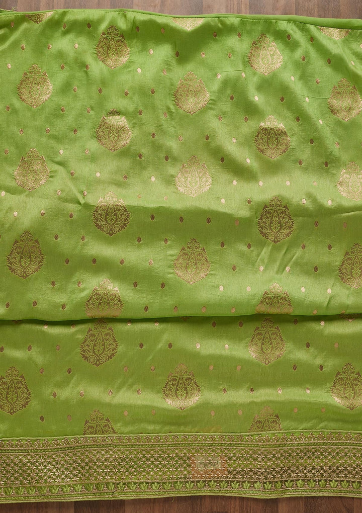 Parrot Green Zariwork Semi Crepe Unstitched Salwar Suit - Koskii