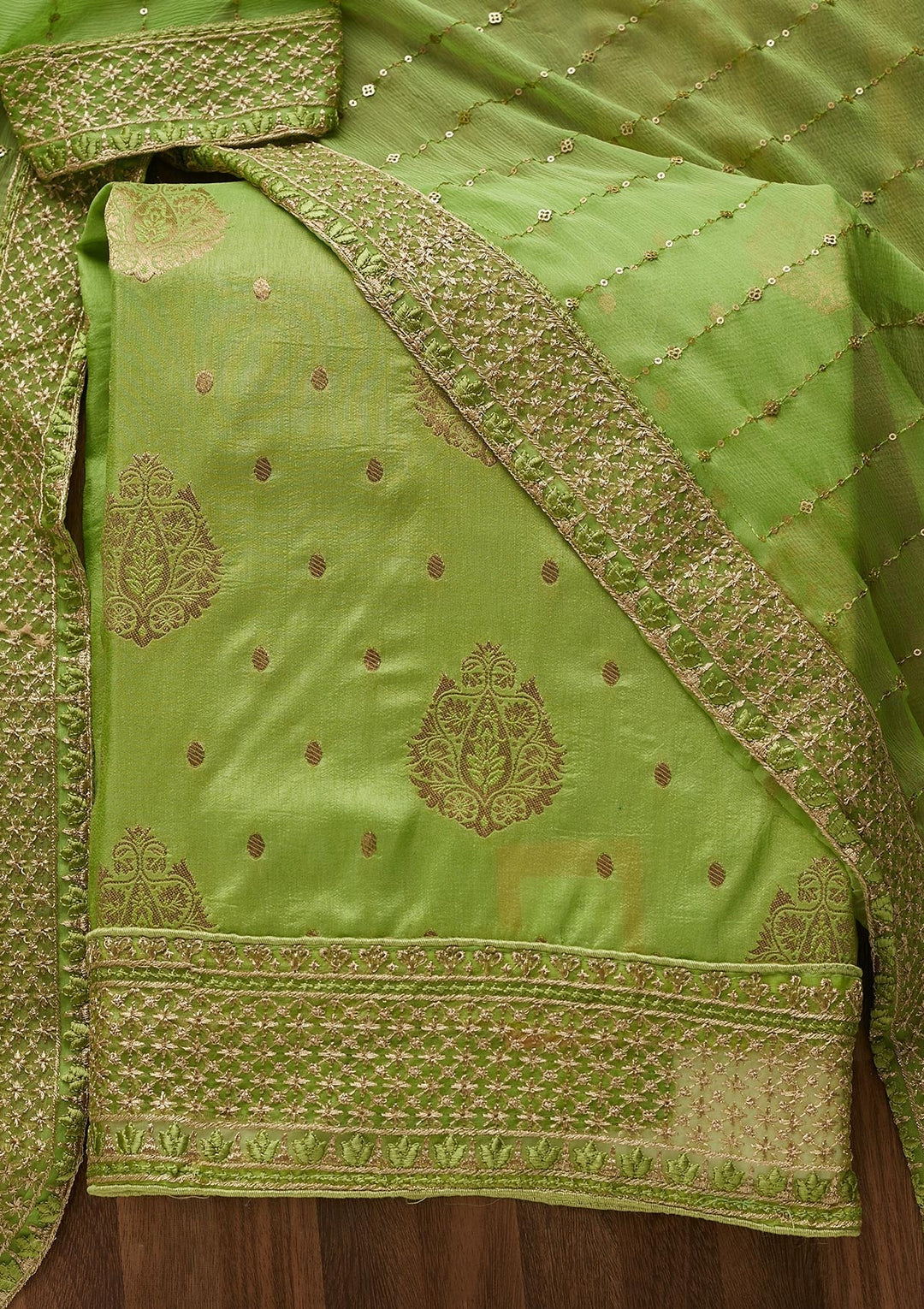Parrot Green Zariwork Semi Crepe Unstitched Salwar Suit - Koskii