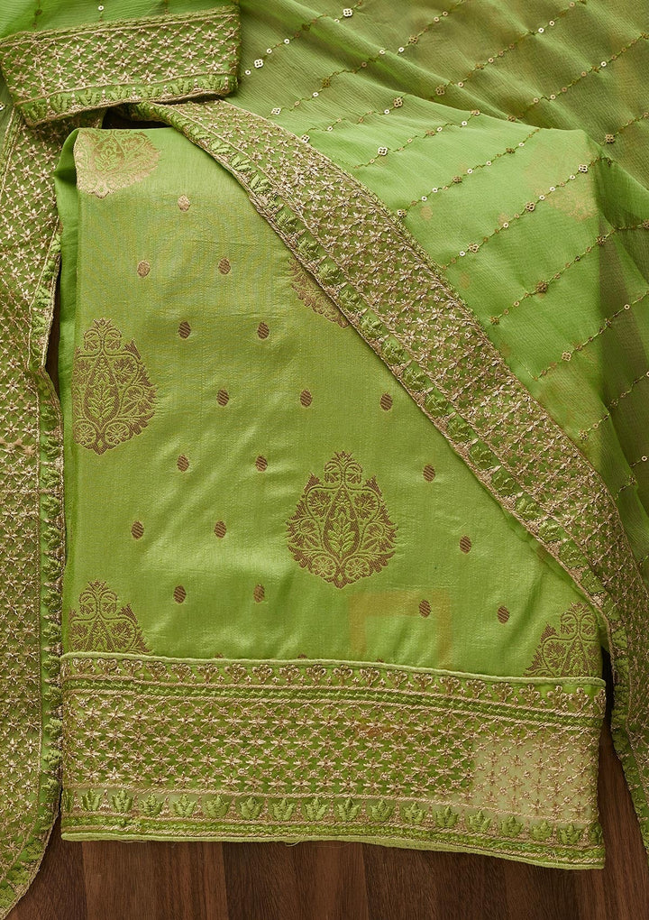 Parrot Green Zariwork Semi Crepe Unstitched Salwar Suit - Koskii