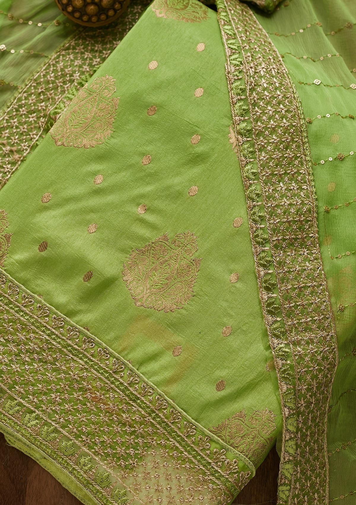 Parrot Green Zariwork Semi Crepe Unstitched Salwar Suit - Koskii