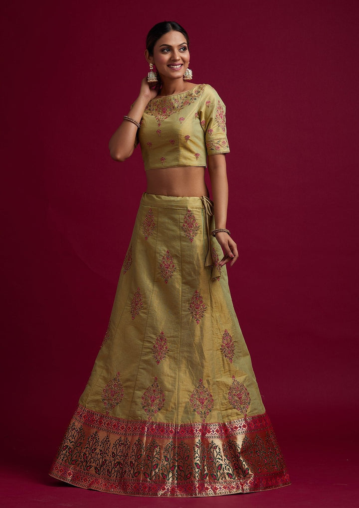 Parrot Green Zariwork Shimmer Designer Semi-Stitched Lehenga - koskii