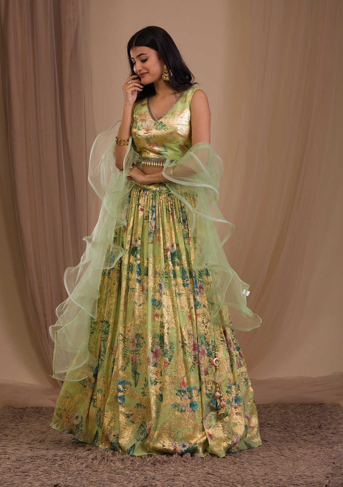 Parrot Green Cutdana Art Silk Readymade Lehenga-Koskii