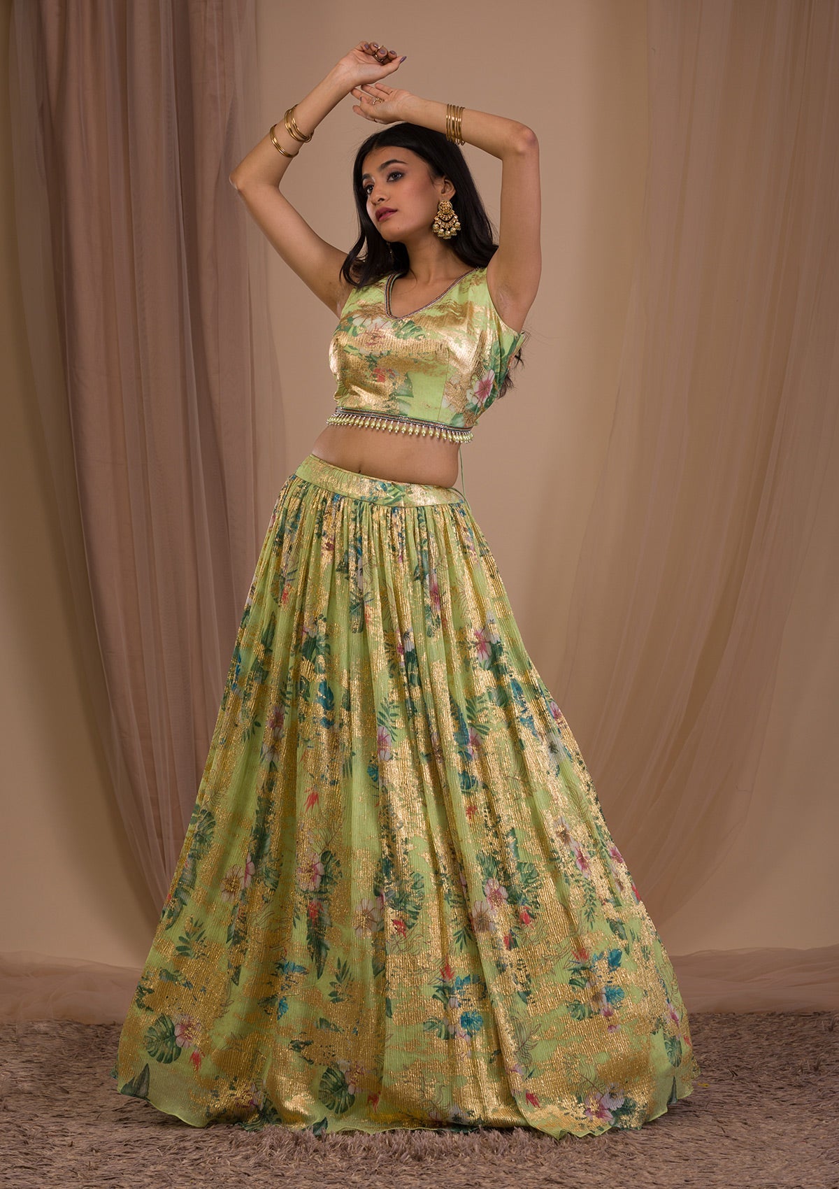 Parrot Green Cutdana Art Silk Readymade Lehenga-Koskii