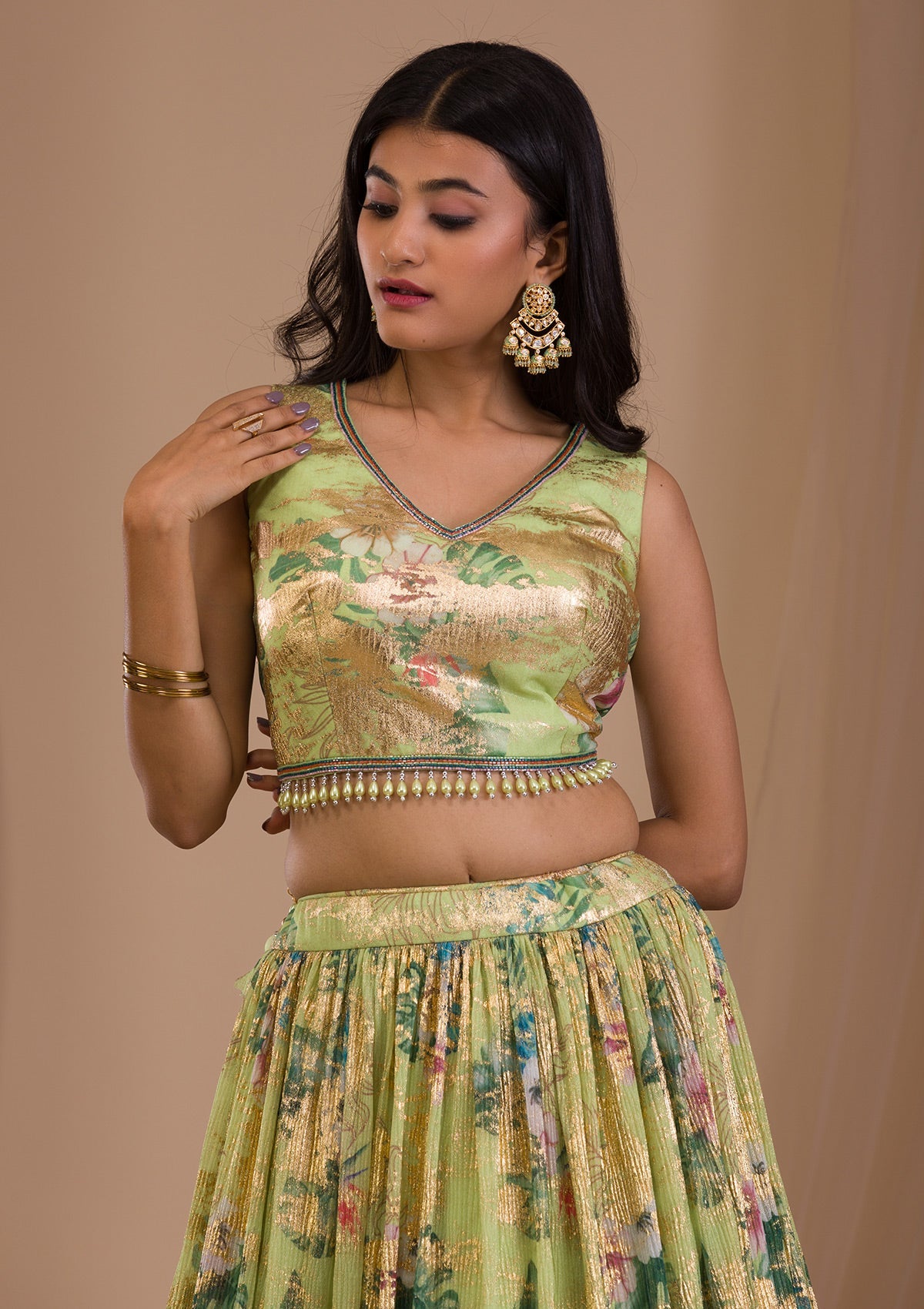 Parrot Green Cutdana Art Silk Readymade Lehenga-Koskii