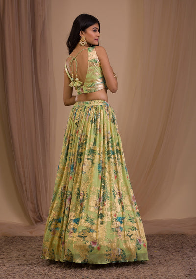 Parrot Green Cutdana Art Silk Readymade Lehenga-Koskii