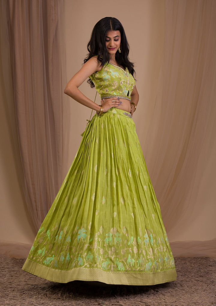 Parrot Green Cutdana Shimmer Readymade Lehenga-Koskii