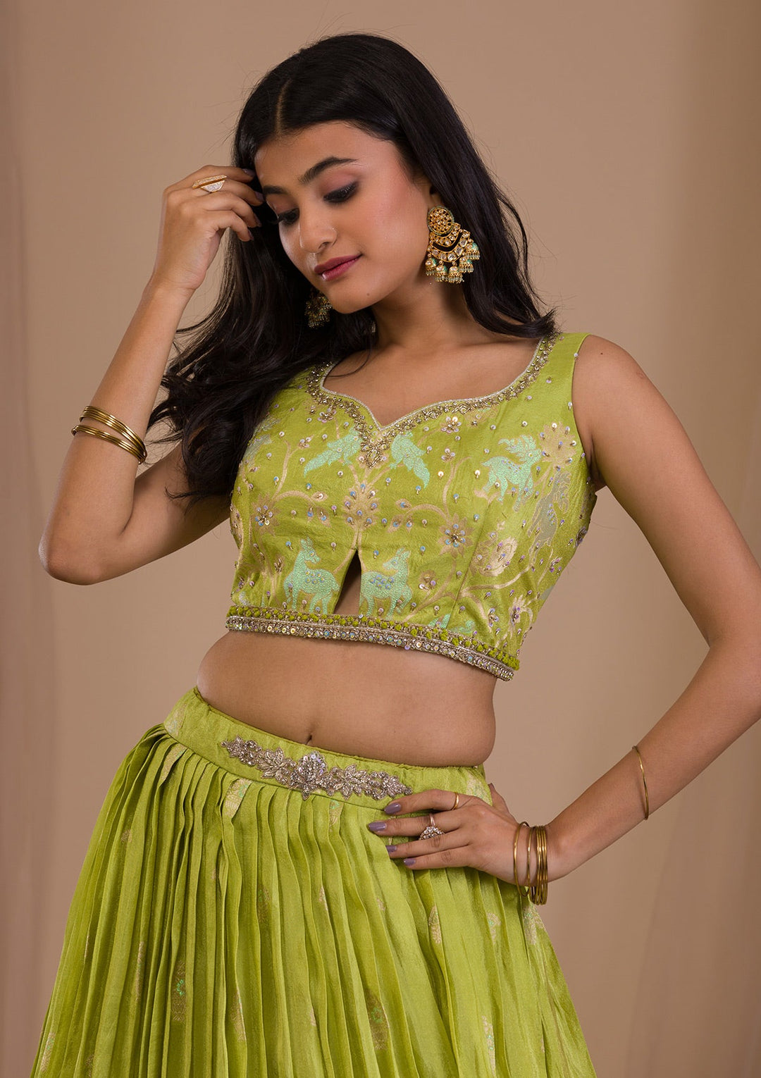 Parrot Green Cutdana Shimmer Readymade Lehenga-Koskii