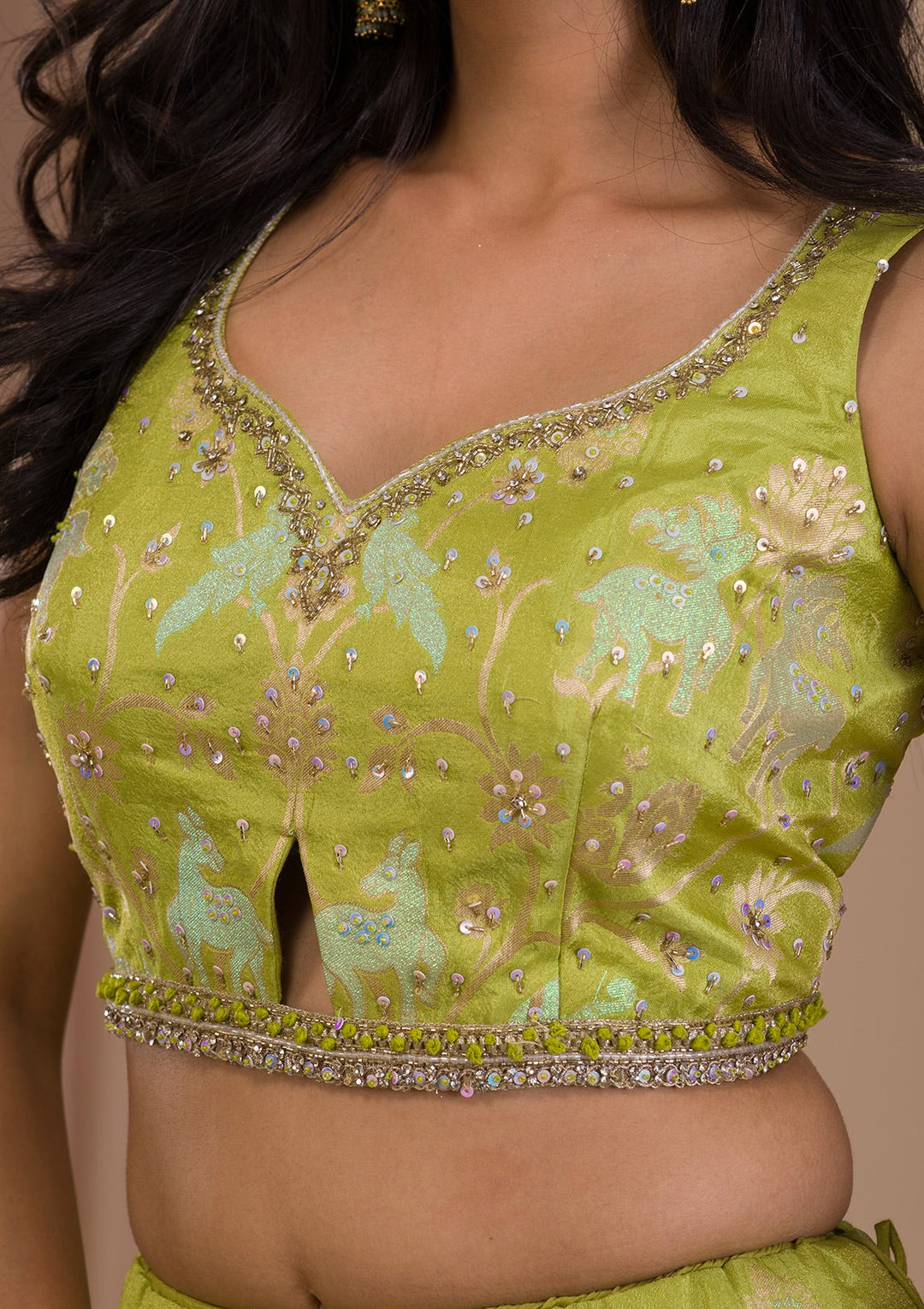 Parrot Green Cutdana Shimmer Readymade Lehenga-Koskii