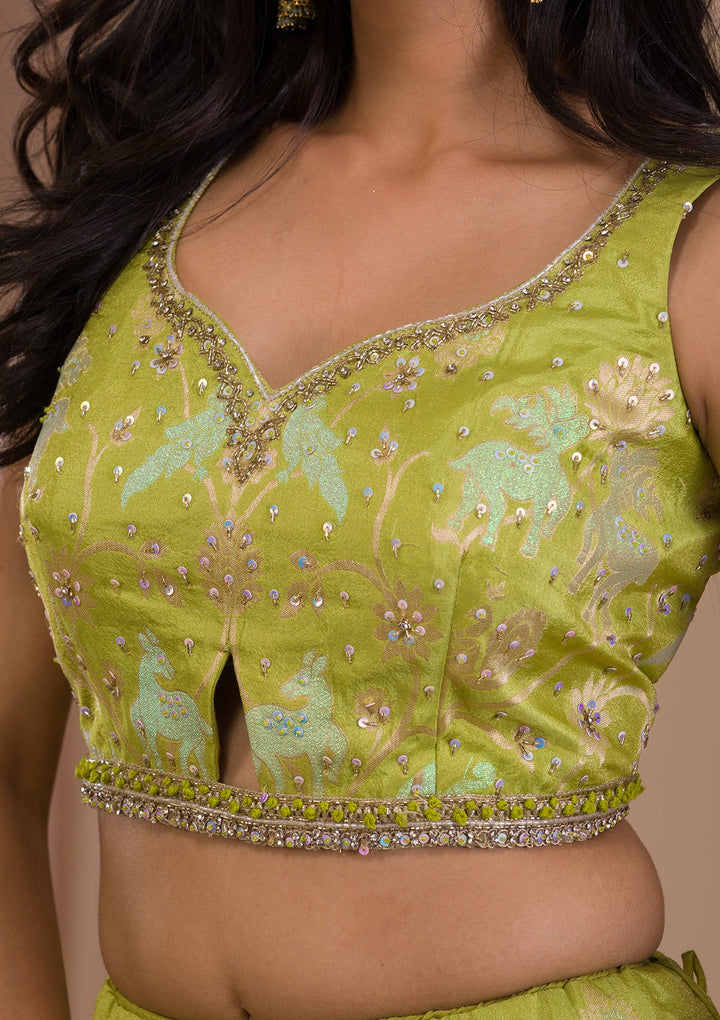 Parrot Green Cutdana Shimmer Readymade Lehenga-Koskii