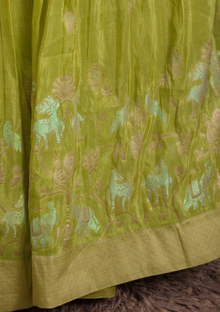 Parrot Green Cutdana Shimmer Readymade Lehenga-Koskii