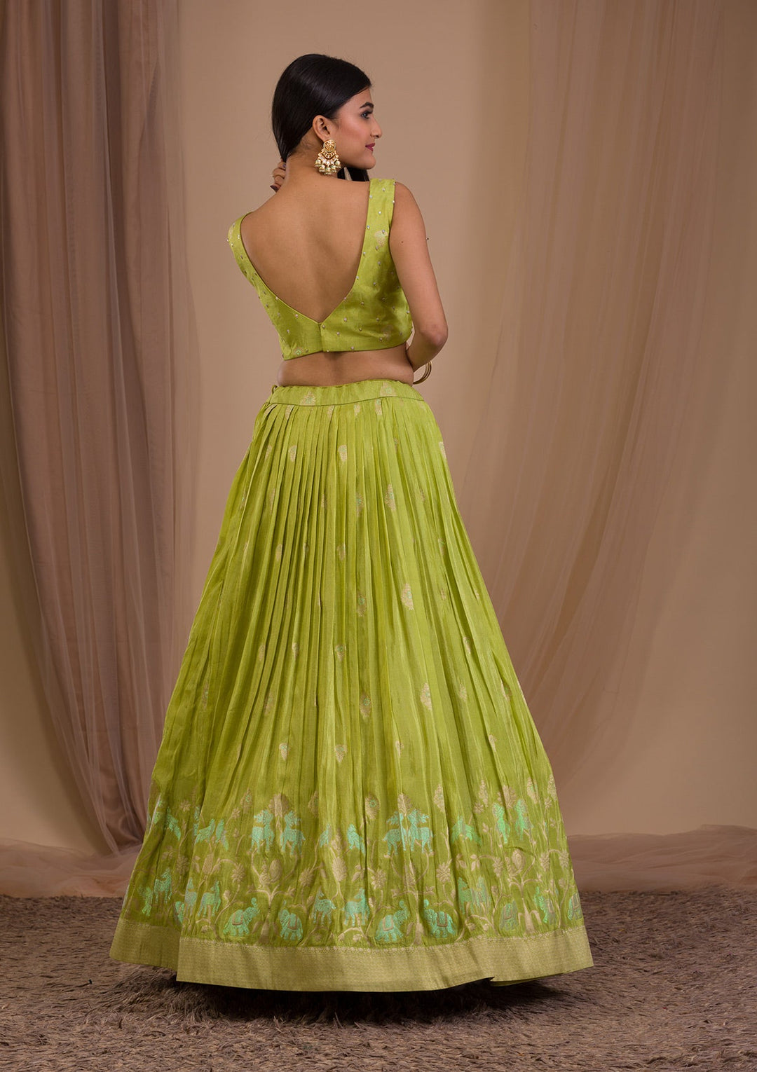 Parrot Green Cutdana Shimmer Readymade Lehenga-Koskii