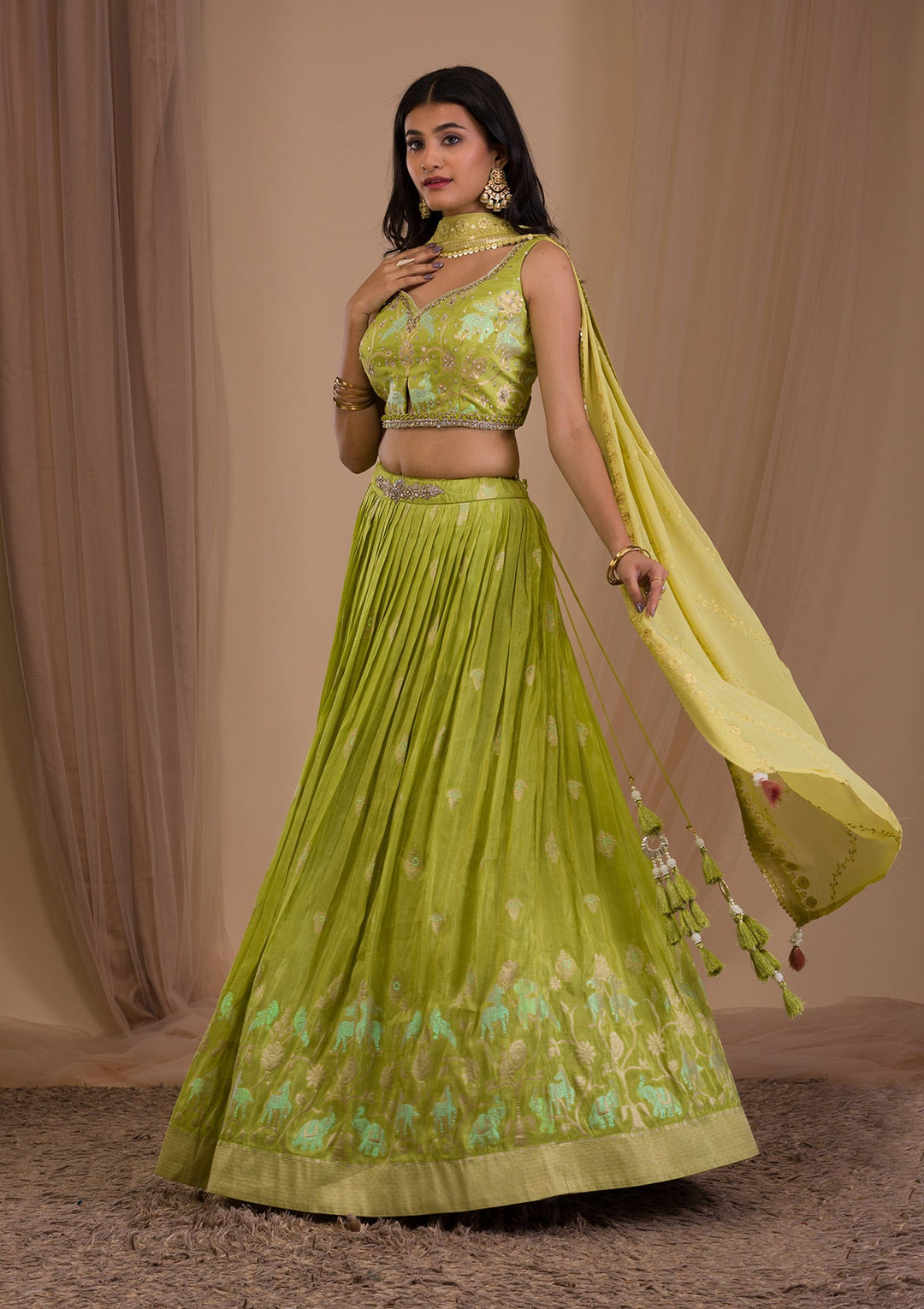 Parrot Green Cutdana Shimmer Readymade Lehenga-Koskii