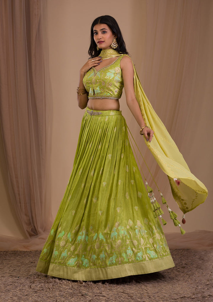 Parrot Green Cutdana Shimmer Readymade Lehenga-Koskii