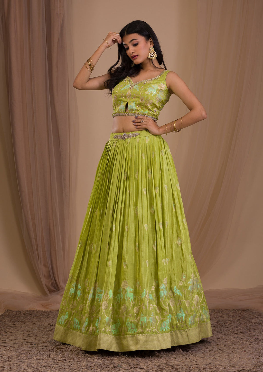 Parrot Green Cutdana Shimmer Readymade Lehenga-Koskii