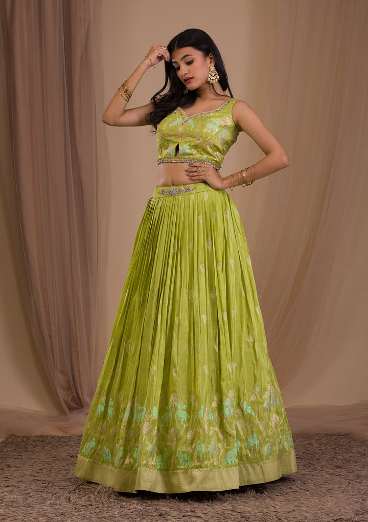 Parrot Green Cutdana Shimmer Readymade Lehenga-Koskii