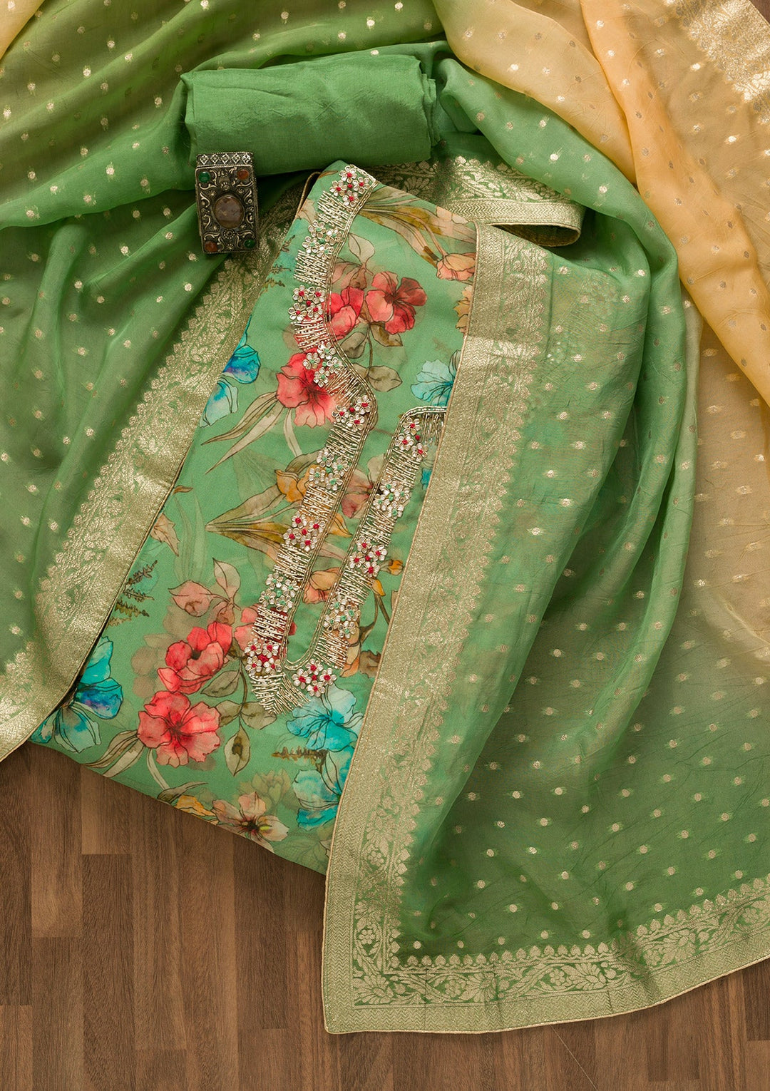Parrot Green Cutdana Tissue Unstitched Salwar Kameez-Koskii