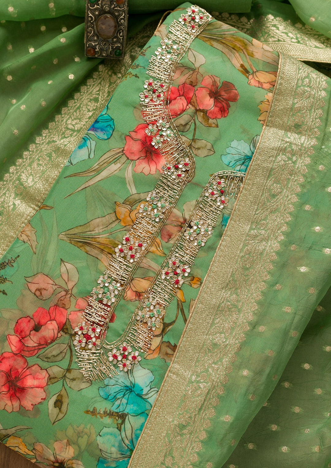 Parrot Green Cutdana Tissue Unstitched Salwar Kameez-Koskii