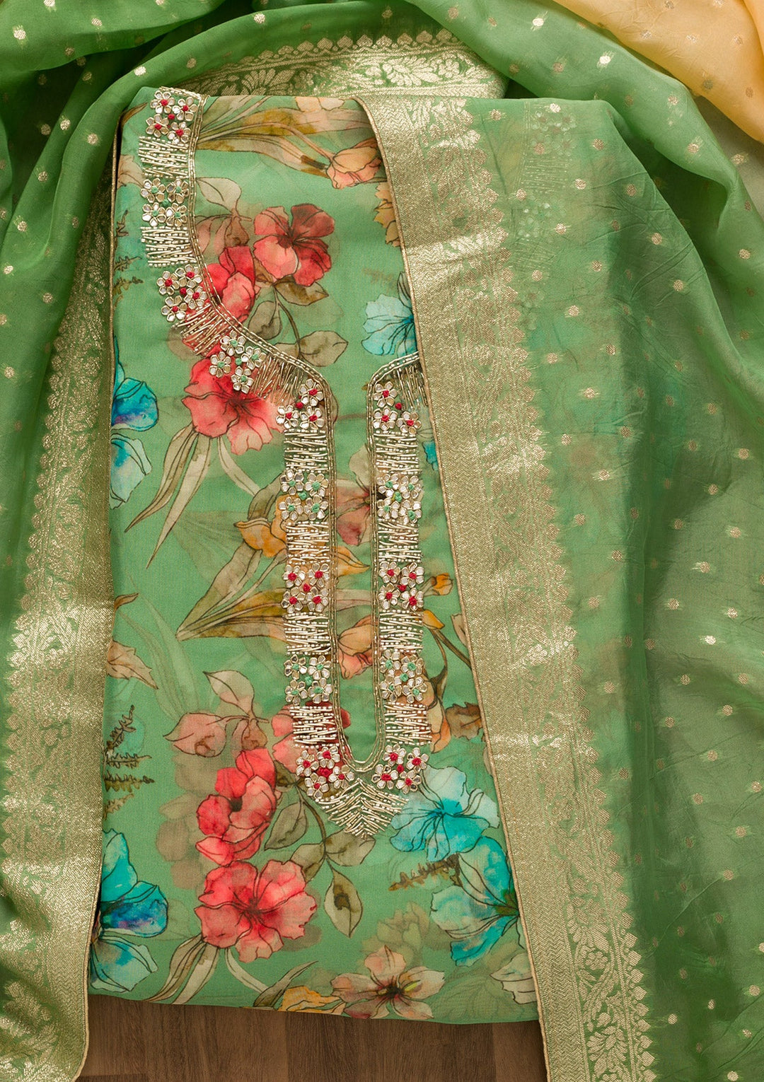 Parrot Green Cutdana Tissue Unstitched Salwar Kameez-Koskii