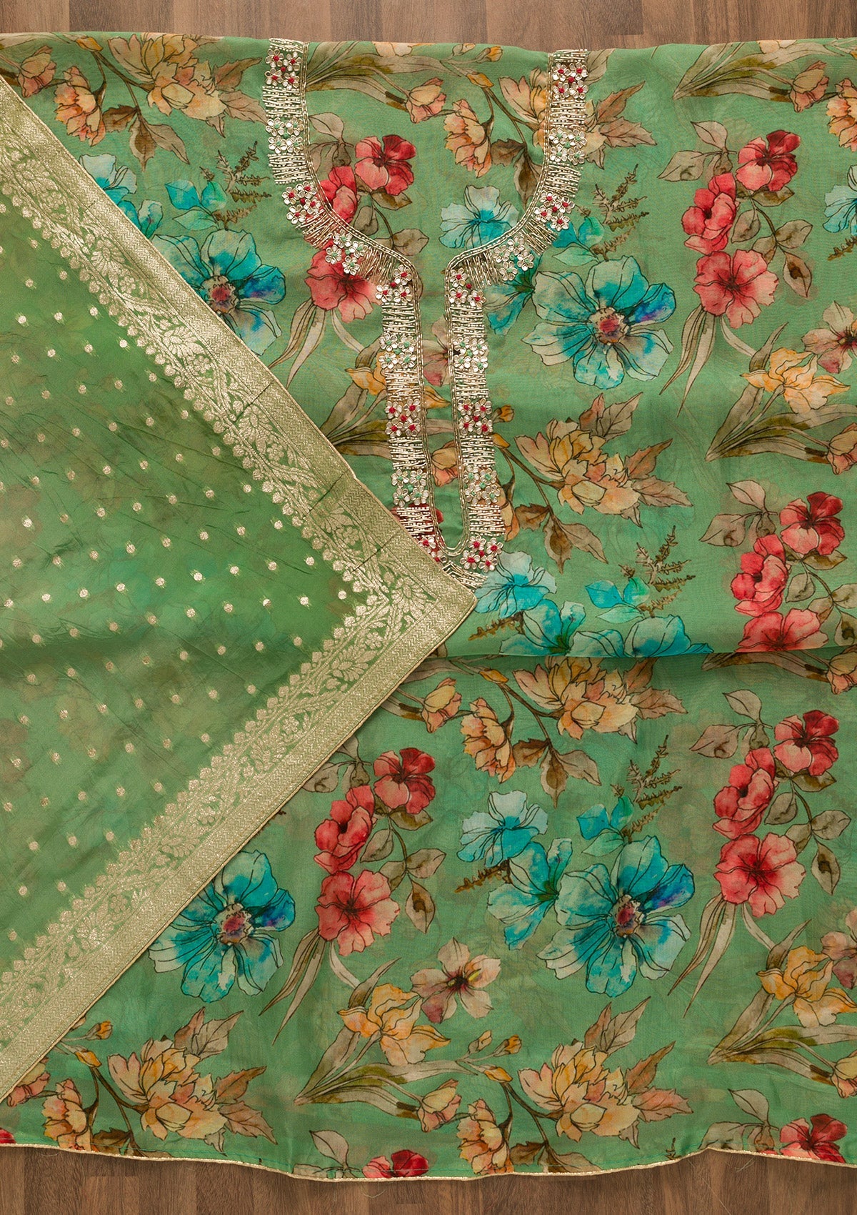 Parrot Green Cutdana Tissue Unstitched Salwar Kameez-Koskii