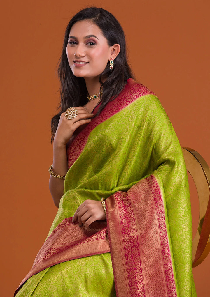 Parrot Green Zariwork Banarasi Saree-Koskii