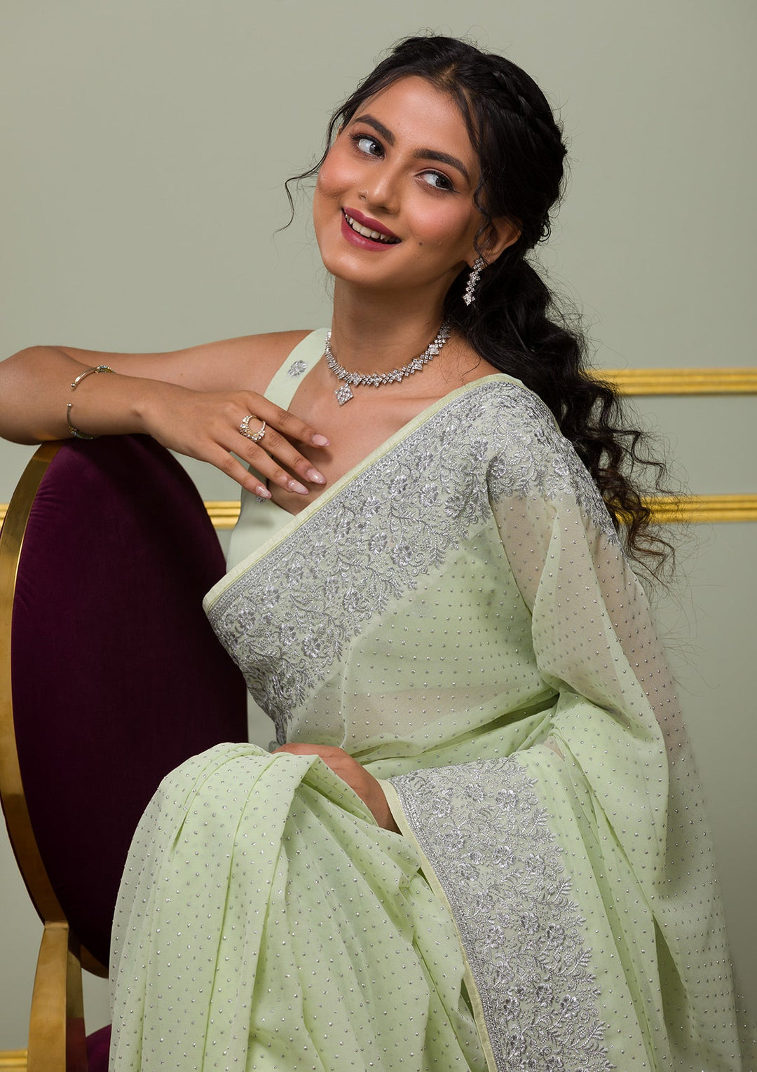 Parrot Green Zariwork Georgette Saree-Koskii