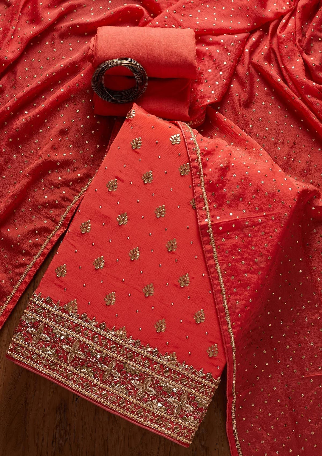 Peach Badla Semi Crepe Designer Unstitched Salwar Suit - koskii