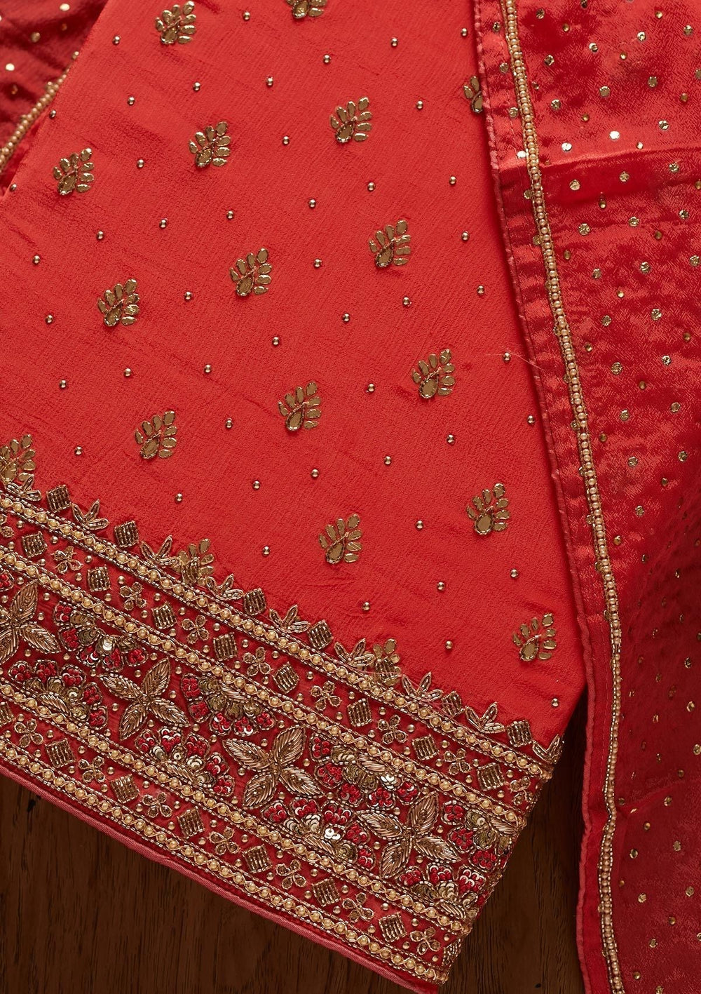 Peach Badla Semi Crepe Designer Unstitched Salwar Suit - koskii