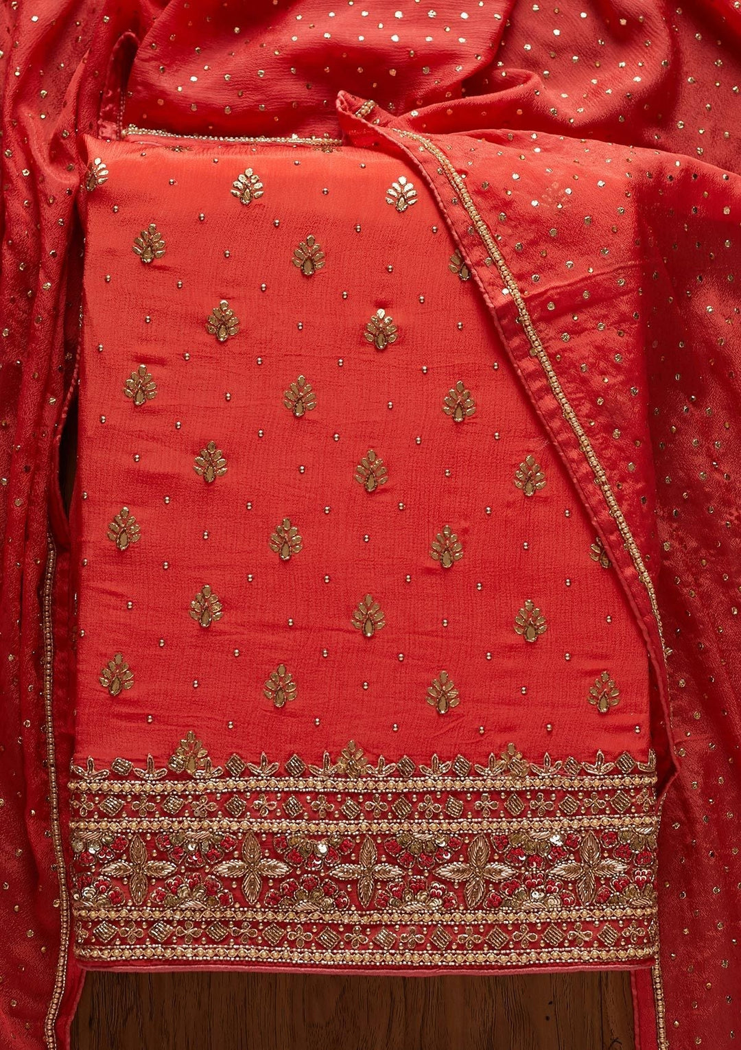 Peach Badla Semi Crepe Designer Unstitched Salwar Suit - koskii
