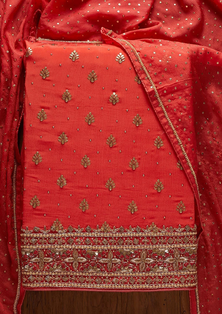 Peach Badla Semi Crepe Designer Unstitched Salwar Suit - koskii