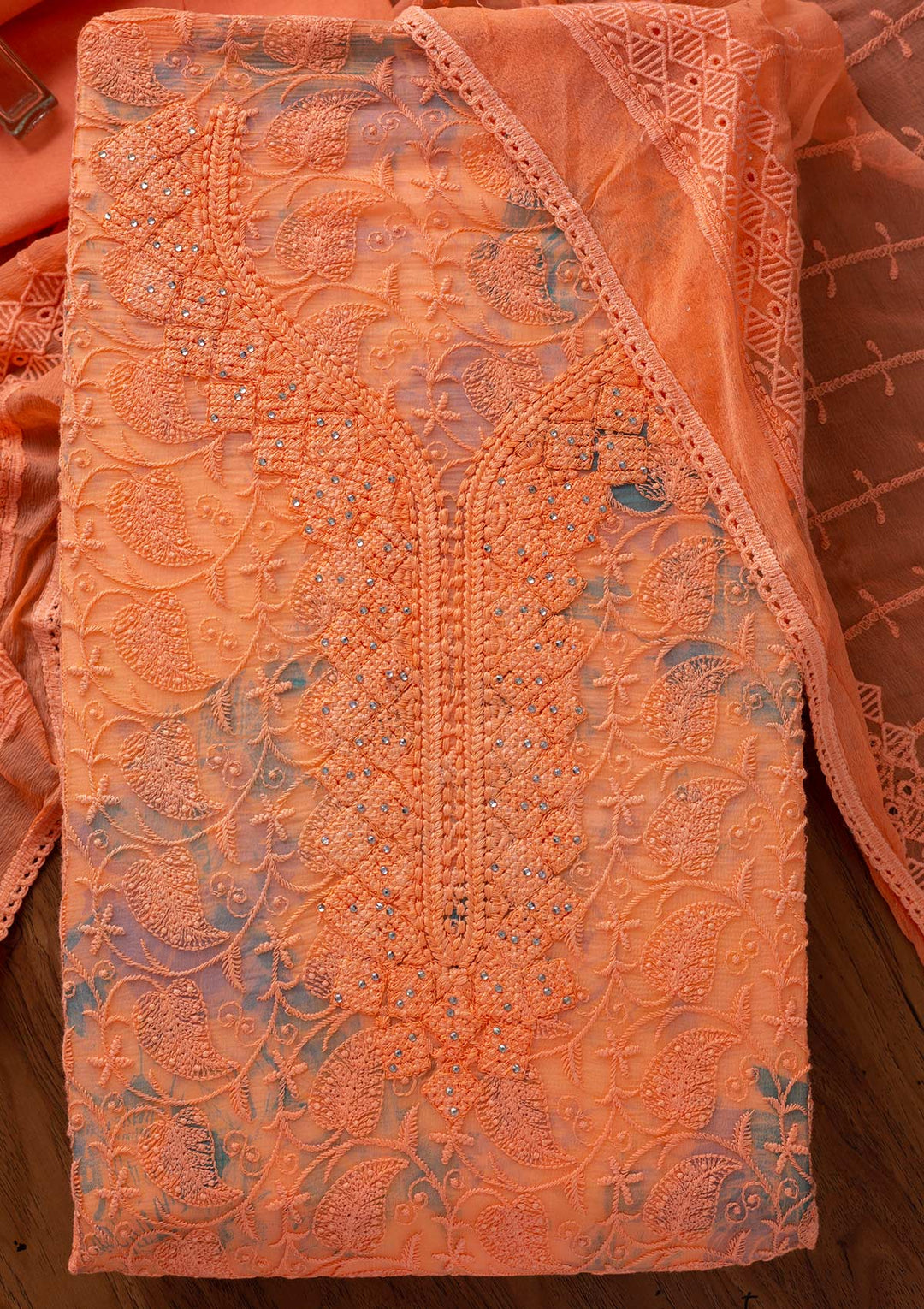 Peach Chikankari Chiffon Designer Unstitched Salwar Suit - koskii
