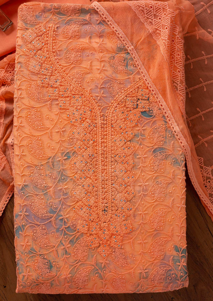 Peach Chikankari Chiffon Designer Unstitched Salwar Suit - koskii