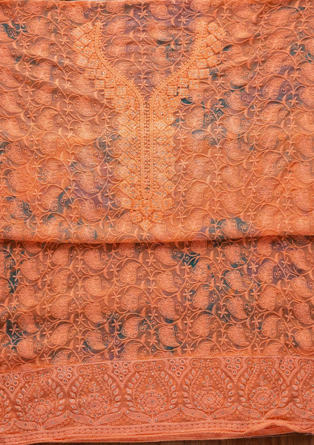 Peach Chikankari Chiffon Designer Unstitched Salwar Suit - koskii