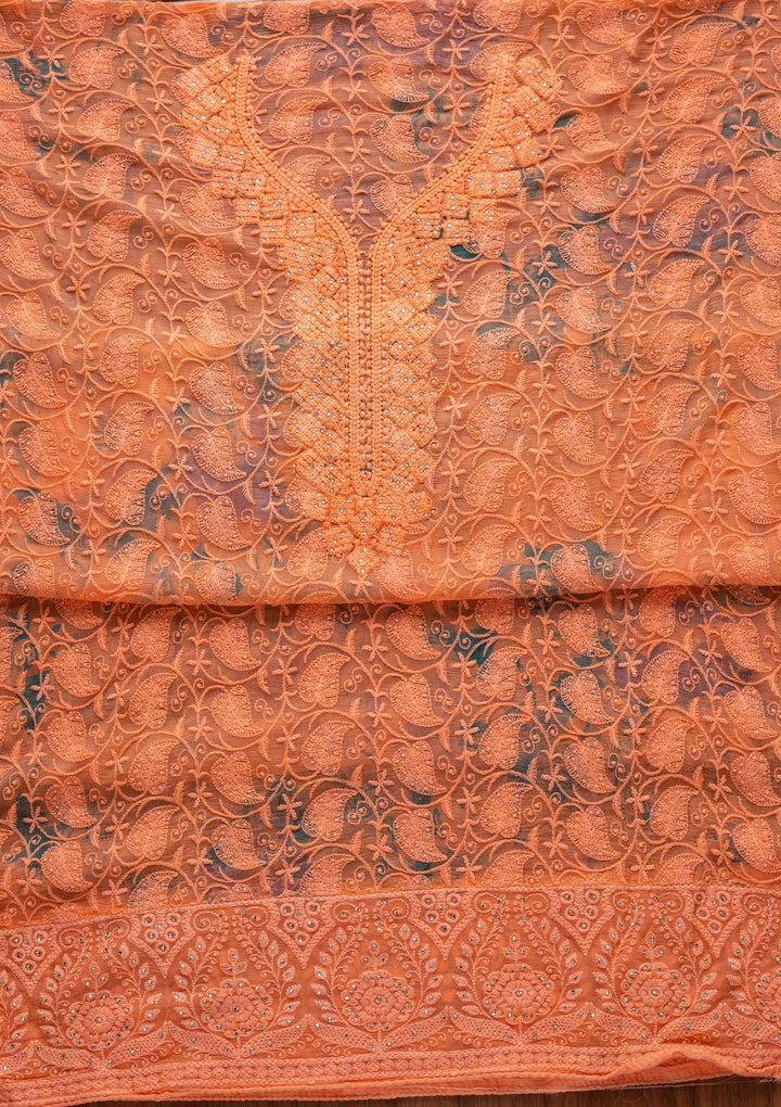 Peach Chikankari Chiffon Designer Unstitched Salwar Suit - koskii