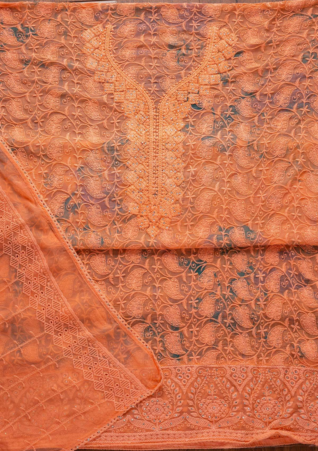 Peach Chikankari Chiffon Designer Unstitched Salwar Suit - koskii