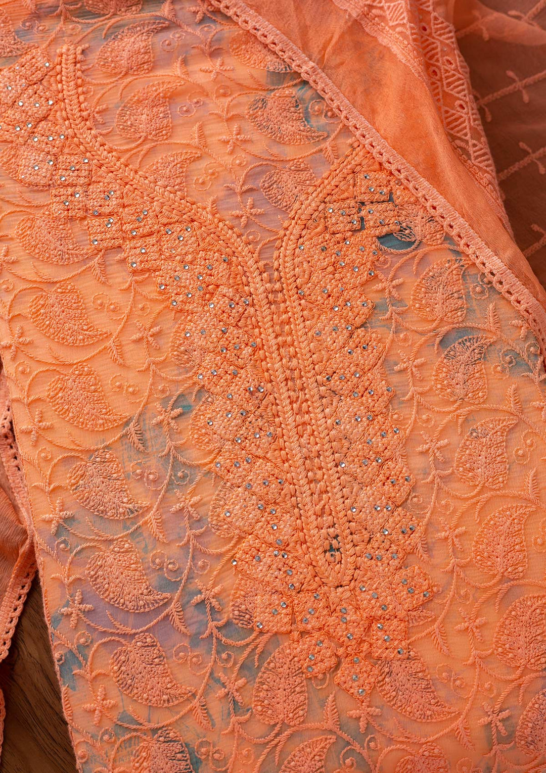 Peach Chikankari Chiffon Designer Unstitched Salwar Suit - koskii
