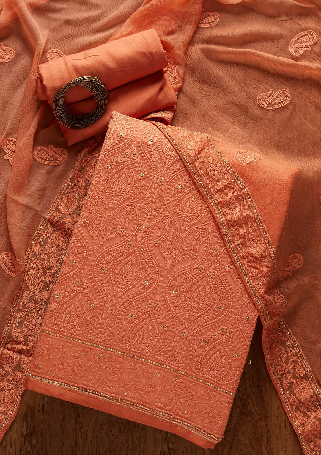 Peach Chikankari Chiffon Designer Unstitched Salwar Suit - koskii
