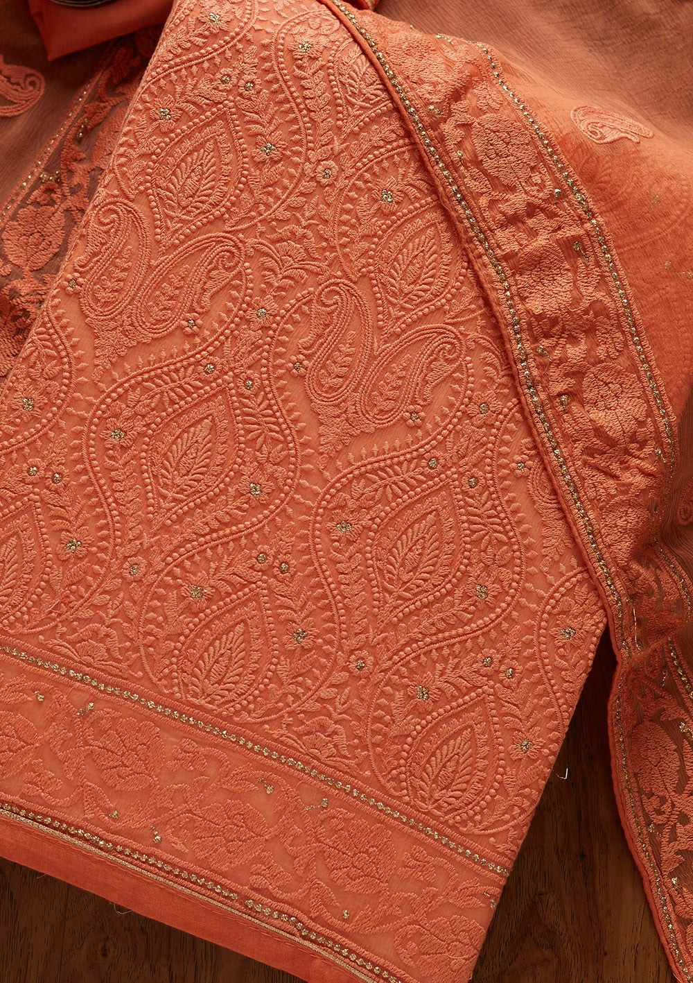 Peach Chikankari Chiffon Designer Unstitched Salwar Suit - koskii
