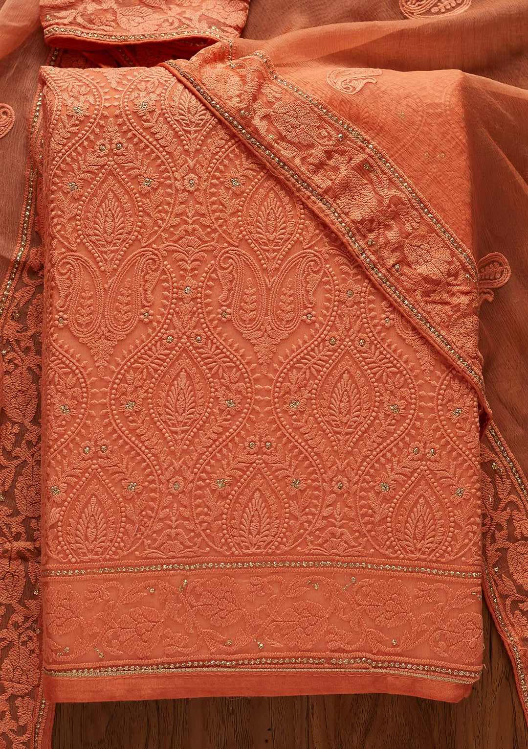 Peach Chikankari Chiffon Designer Unstitched Salwar Suit - koskii