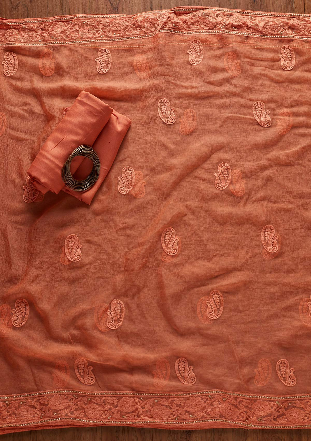 Peach Chikankari Chiffon Designer Unstitched Salwar Suit - koskii