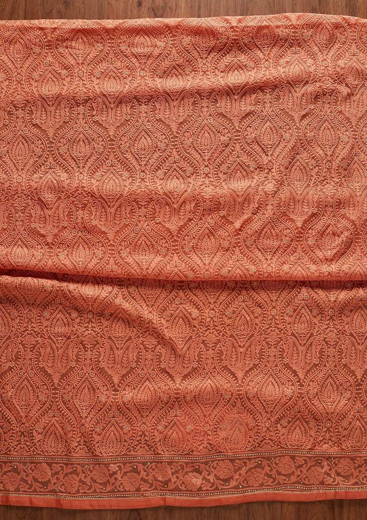 Peach Chikankari Chiffon Designer Unstitched Salwar Suit - koskii