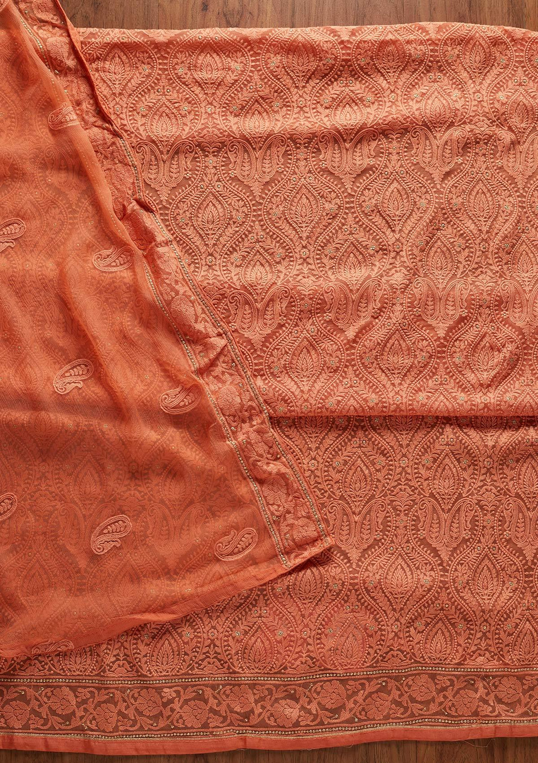 Peach Chikankari Chiffon Designer Unstitched Salwar Suit - koskii