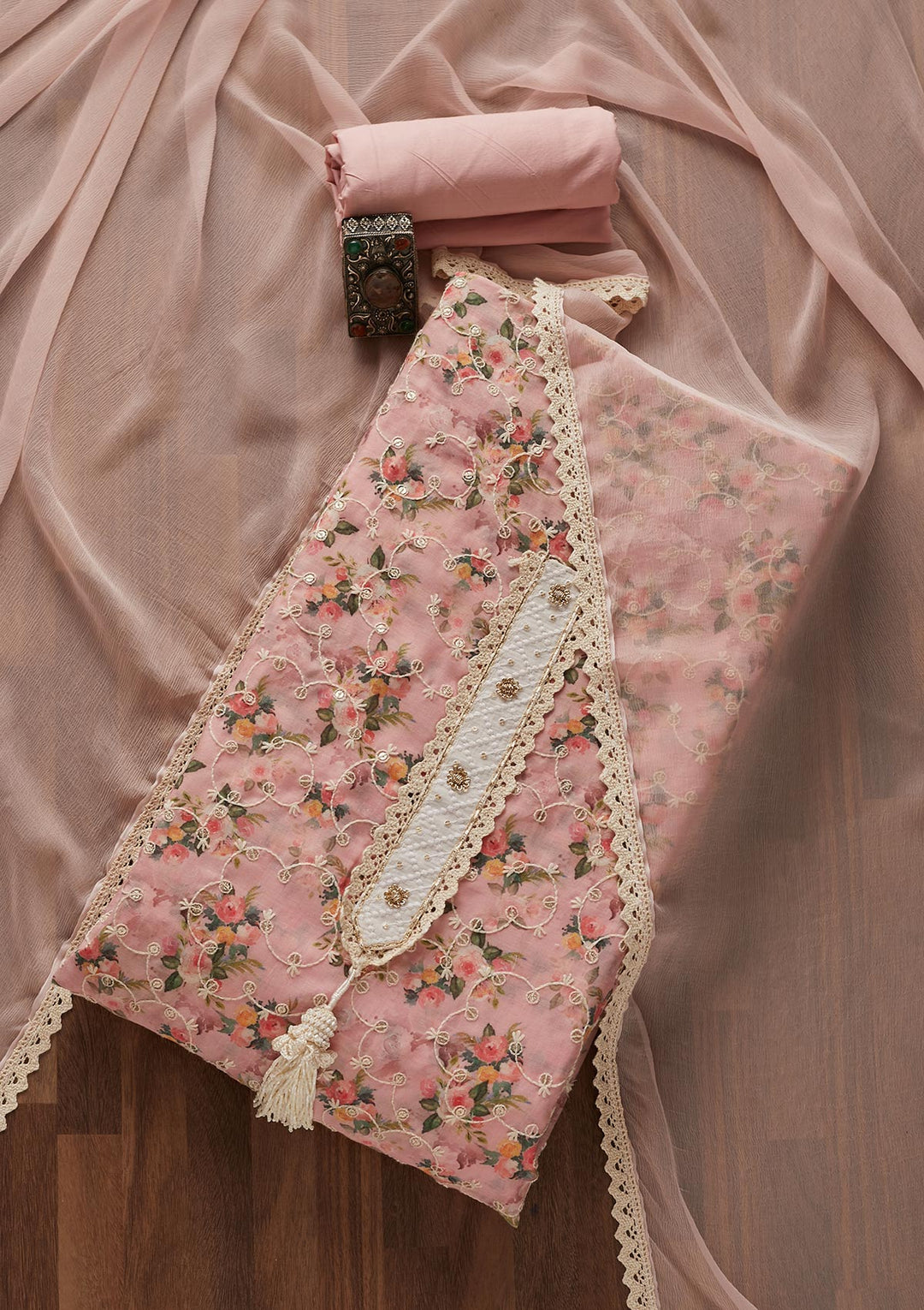 Peach Chikankari Chiffon Designer Unstitched Salwar Suit - Koskii