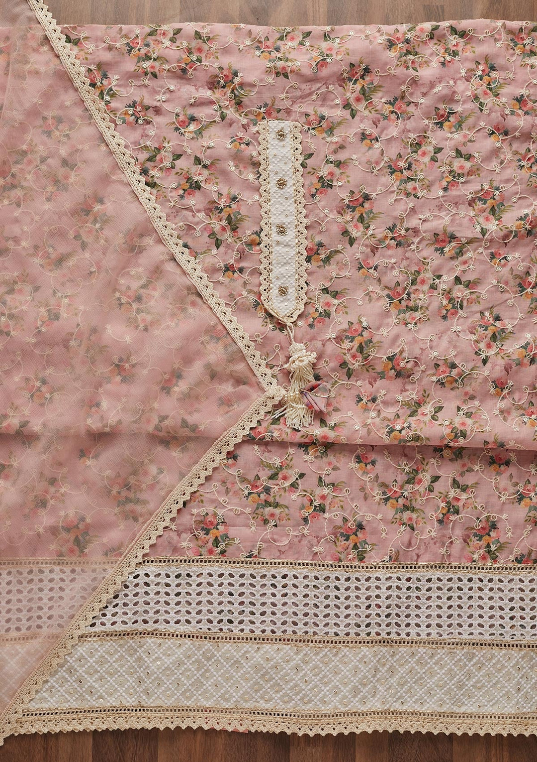 Peach Chikankari Chiffon Designer Unstitched Salwar Suit - Koskii