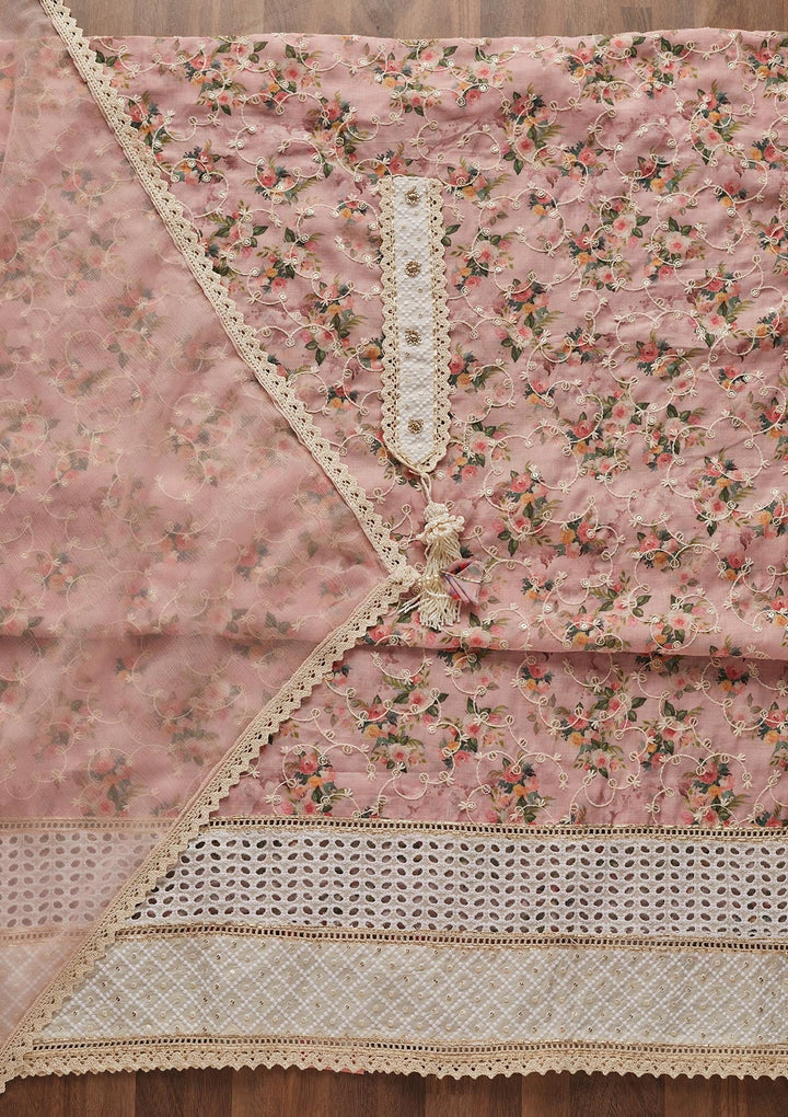 Peach Chikankari Chiffon Designer Unstitched Salwar Suit - Koskii