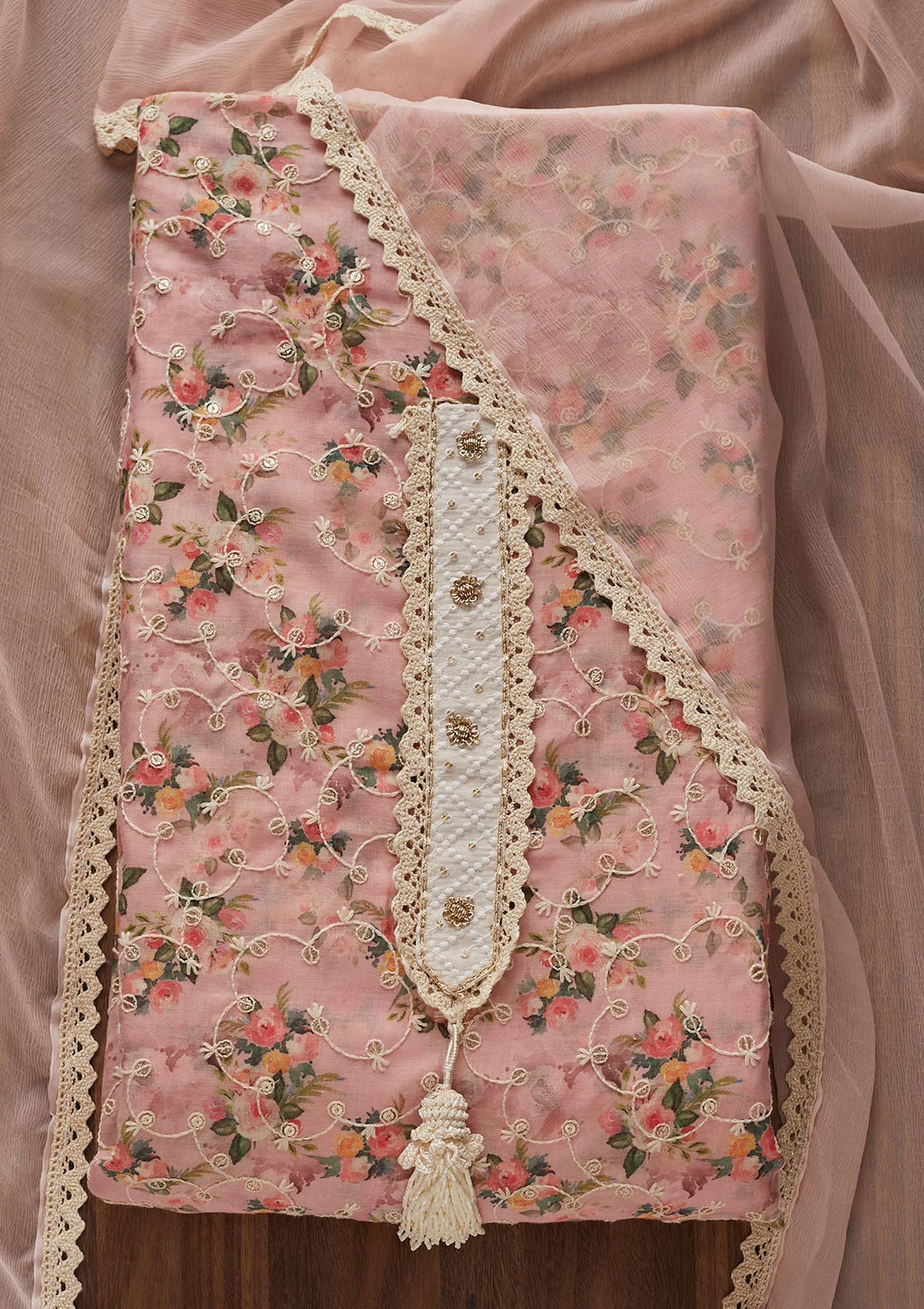 Peach Chikankari Chiffon Designer Unstitched Salwar Suit - Koskii